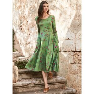 Peruvian Connection Prato Floral Long Sleeve Knee Length Dress in Lime